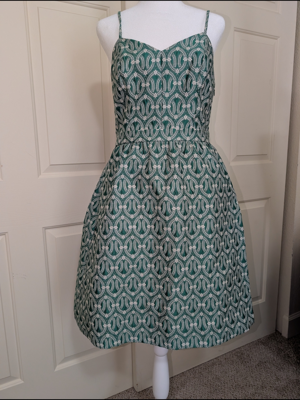 Lace & Mesh Green Retro Jacquard A-Line Mini Dress